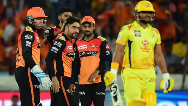 Sunrisers Hyderabad bowler Rashid Khan with teammates celebrate after dismissing Suresh Raina. (PTI) Sunrisers Hyderabad bowler Rashid Khan with teammates celebrate after dismissing Suresh Raina. (PTI)