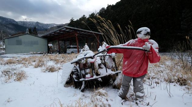 Near the bus stop, a group of scarecrows gathers as another “father” doll pulls a cart full of “children.” “People gradually left... It’s lonely now,” she said. “I made more dolls as I remembered the time when the village was lively.” Nagoro’s plight is replicated all around Japan, as the world’s third-largest economy battles a declining population, low birth rate and high life expectancy. (Kazuhiro Nogi / AFP) 