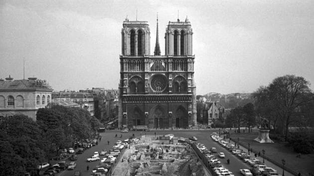 FILE - This April 18, 1967, file photo, shows the Notre Dame Cathedral in Paris. Art experts around the world reacted with horror to news of the fire that ravaged cathedral on Monday, April 15, 2019. One shell-shocked art expert is calling the beloved Gothic masterpiece ‘one of the great monuments to the best of civilization.’ (AP Photo/File)(AP)