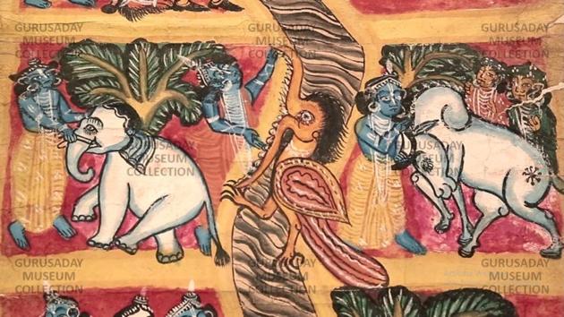 A rare patachitra at Gurusaday Museum which has the largest collection of Kalighat patachitras, a folk painting form.(Photo courtesy: Gurusaday Museum, Kolkata)