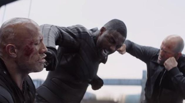 Dwayne Johnson, Idris Elba and Jason Statham in a still from the Hobbs & Shaw trailer.