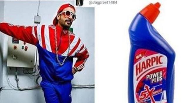 Ranveer Singh knows he has found a worthy fashion opponent in a toilet cleaner bottle.