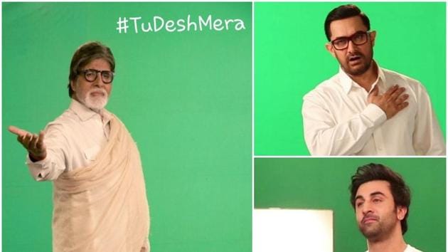 Amitabh Bachchan, Aamir Khan and Ranbir Kapoor in Tu Desh Mera.(Twitter)