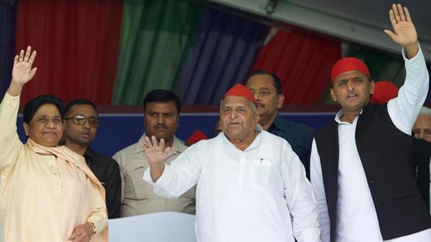 BSP chief Mayawati, SP leaders Mulayam Singh Yadav and Akhilesh Yadav at Mainpuri election rally on Friday.