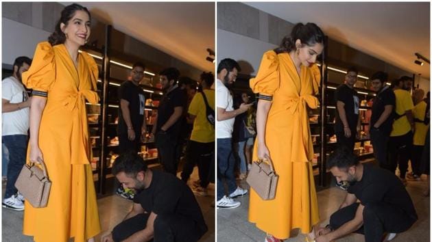 Sonam Kapoor with husband Anand Ahuja in Delhi on Thursday.(Varinder Chawla)