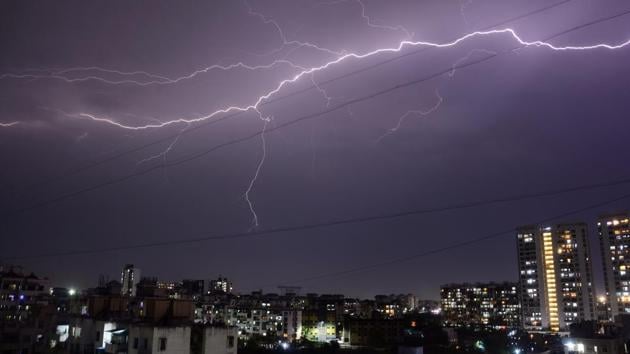 A view of lightning as it strikes in Kharadi area of Pune, Maharashtra. (Shankar Narayan / HT Photo) A view of lightning as it strikes in Kharadi area of Pune, Maharashtra. (Shankar Narayan / HT Photo)