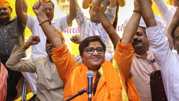 BJP candidate Sadhvi Pragya Singh Thakur gestures while addressing a party workers' meeting for Lok Sabha polls, in Bhopal, Thursday, April 18, 2019.(PTI)