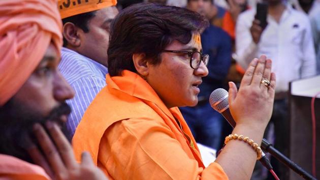 BJP candidate Sadhvi Pragya Singh Thakur addresses a party workers meeting for Lok Sabha polls, in Bhopal, Thursday, April 18, 2019. (PTI file photo) BJP candidate Sadhvi Pragya Singh Thakur addresses a party workers meeting for Lok Sabha polls, in Bhopal, Thursday, April 18, 2019. (PTI file photo)