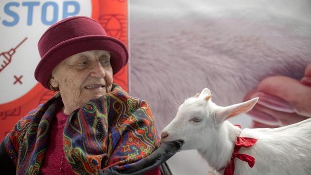 An elderly lady reacts as a baby goat she displays chews on her scarf at the Pet Expo 2019, a pet show in Bucharest, Romania. (Andreea Alexandru / AP) 