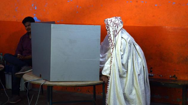 A woman casts her vote during the second phase of general elections at Upper Kot, in Bulandshahr, Uttar Pradesh. (Vipin KUmar / HT Photo) A woman casts her vote during the second phase of general elections at Upper Kot, in Bulandshahr, Uttar Pradesh. (Vipin KUmar / HT Photo)