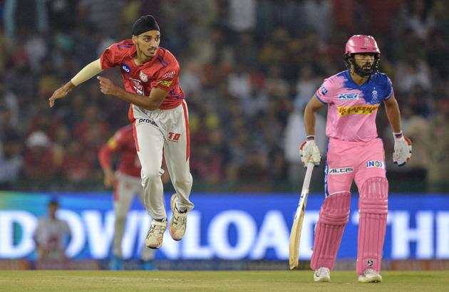 Kings XI Punjab bowler Arshdeep Singh bowls during the 2019 Indian Premier League (IPL) Twenty20 cricket match between Kings XI Punjab and Rajasthan Royals at the Punjab Cricket Association Stadium in Mohali on April 16, 2019.(AFP)