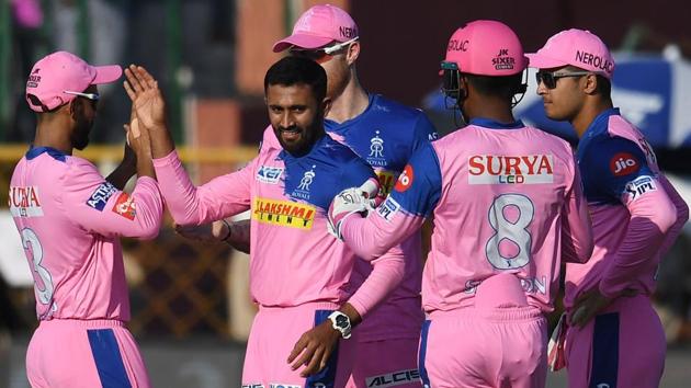 Rajasthan Royals bowler Shreyas Gopal (2L) celebrates with teammates. (AFP) Rajasthan Royals bowler Shreyas Gopal (2L) celebrates with teammates. (AFP)