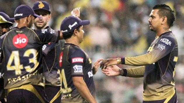 Kolkata Knight Riders' players congratulate Sunil Narine, right, for the dismissal of Royal Challengers Bangalore's Parthiv Patel. (AP) Kolkata Knight Riders' players congratulate Sunil Narine, right, for the dismissal of Royal Challengers Bangalore's Parthiv Patel. (AP)