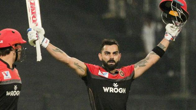 Royal Challengers Bangalore's Virat Kohli celebrates after scoring a hundred runs. (AP) Royal Challengers Bangalore's Virat Kohli celebrates after scoring a hundred runs. (AP)