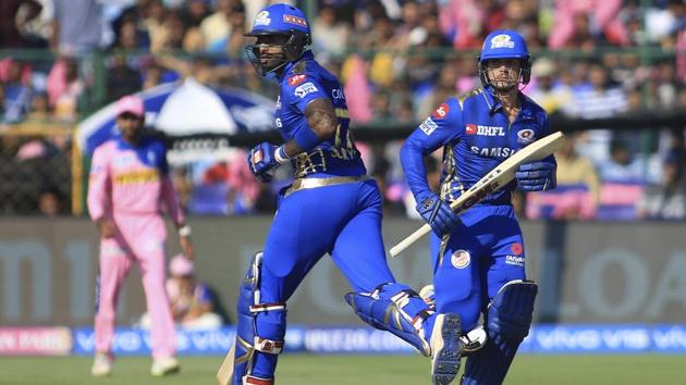Mumbai Indians' Quinton de Kock, right, and Surya Kumar Yadav take a run. (AP) Mumbai Indians' Quinton de Kock, right, and Surya Kumar Yadav take a run. (AP)