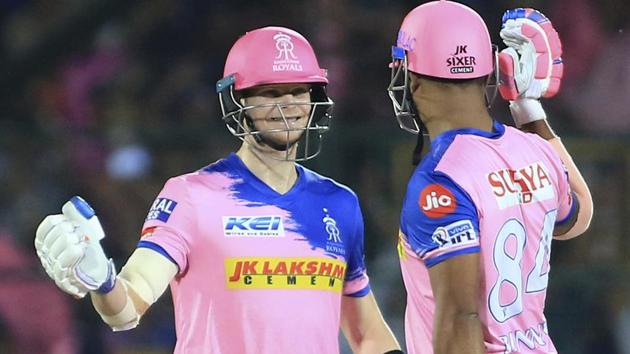 Rajasthan Royals' Steve Smith and Stuart Binny celebrate their victory. (AP)