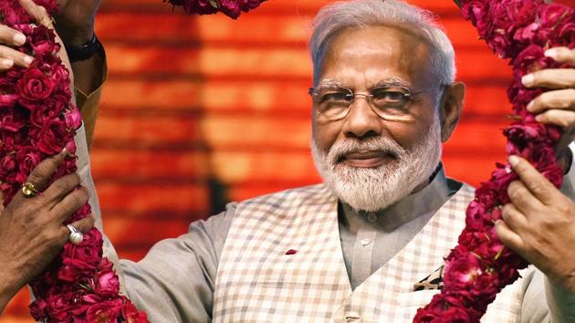 Prime Minister Narendra Modi being garlanded at 'Traders Sammelan' at Talkatora Stadium, in New Delhi, on Friday, April 19, 2019.(Raj K Raj/HT FILE PHOTO) Prime Minister Narendra Modi being garlanded at 'Traders Sammelan' at Talkatora Stadium, in New Delhi, on Friday, April 19, 2019.(Raj K Raj/HT FILE PHOTO)