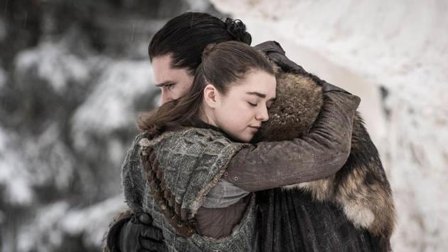 Jon Snow (Kit Harington) and Arya Stark (Maisie Williams) in a still from Game of Thrones season 8 episode 1. Game of Thrones, HBO and related service marks are the property of Home Box office, Inc. All rights reserved. ( HBO )