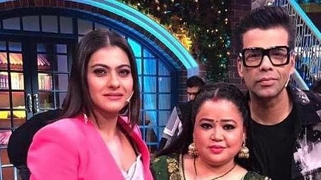 Karan Johar and Kajol pose with Bharti Singh on The Kapil Sharma Show.(Instagram/Bharti Singh)