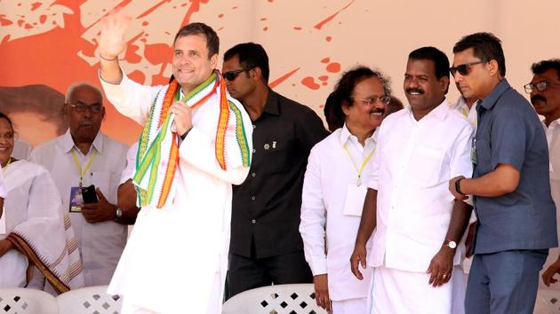 In Wayanad, Rahul Gandhi is locked in a fierce three-cornered contest with NDA’s Thushar Vellapally and CPI’s P P Suneer. (HT PHOTO/VIVEK R NAIR) In Wayanad, Rahul Gandhi is locked in a fierce three-cornered contest with NDA’s Thushar Vellapally and CPI’s P P Suneer. (HT PHOTO/VIVEK R NAIR)