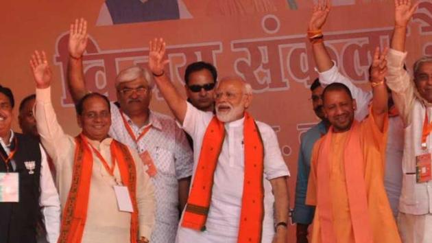 Prime Minister Narendra Modi and UP CM Yogi Adityanath along with other BJP leaders at a rally in Etah on Saturday. (Raju Tomar/HT photo) Prime Minister Narendra Modi and UP CM Yogi Adityanath along with other BJP leaders at a rally in Etah on Saturday. (Raju Tomar/HT photo)
