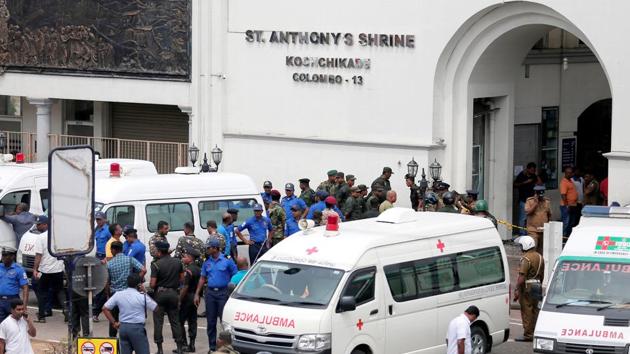 Sri Lanka, April 21 (ANI): Sri Lankan military officials stand guard in front of the St. Anthony's Shrine, Kochchikade church after an explosion in Colombo, Sri Lanka on Sunday(REUTERS)