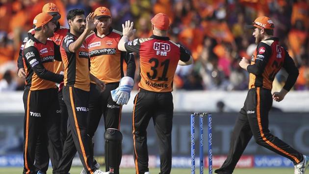 Sunrisers Hyderabad's bowler Bhuvneshwar Kumar, third left, celebrates the dismissal of Kolkata Knight Rider's Nitish Rana. (AP) Sunrisers Hyderabad's bowler Bhuvneshwar Kumar, third left, celebrates the dismissal of Kolkata Knight Rider's Nitish Rana. (AP)