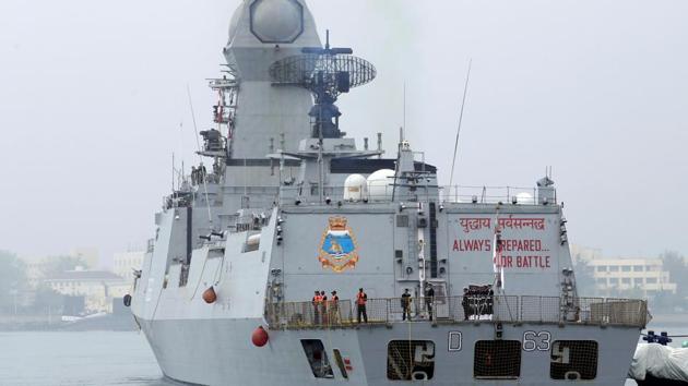 An Indian navy commissioned warship INS Kolkata arrives at Qingdao Port for the 70th anniversary celebrations of the founding of the Chinese People's Liberation Army Navy, in Qingdao(REUTERS)