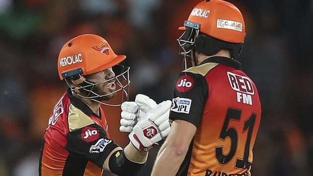 Sunrisers Hyderabad's David Warner and Johny Bairstow greet each other after scoring their fifty runs. (AP) Sunrisers Hyderabad's David Warner and Johny Bairstow greet each other after scoring their fifty runs. (AP)