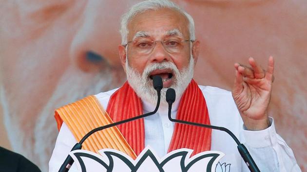 Prime Minister Narendra Modi addresses his supporters during an election campaign rally in Patan, Gujarat, India, April 21, 2019.(REUTERS PHOTO)