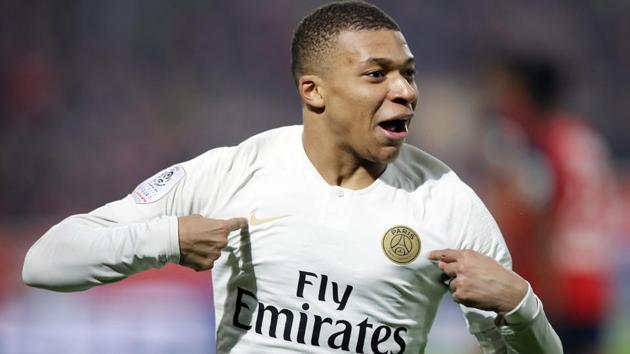 PSG's Kylian Mbappe celebrates after his team scored during the French League One. (AP) PSG's Kylian Mbappe celebrates after his team scored during the French League One. (AP)