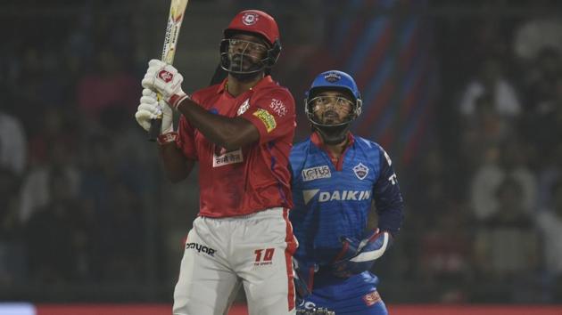 Kings XI Punjab player Chris Gayle plays a shot during 2019 Indian Premier League (IPL).(Burhaan Kinu/HT PHOTO)