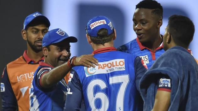 Delhi Capitals (DC) players celebrate the wicket of KXIP Batsman Chris Gayle. (PTI) Delhi Capitals (DC) players celebrate the wicket of KXIP Batsman Chris Gayle. (PTI)