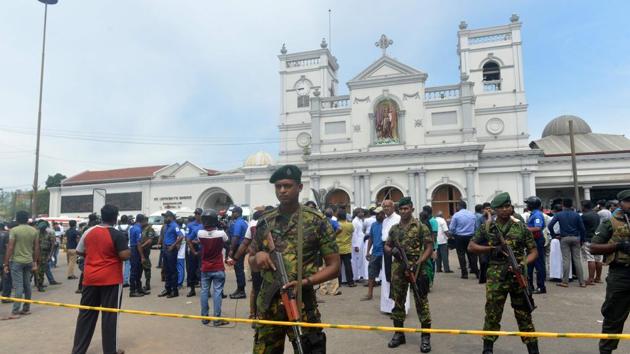 Sri Lankan security personnel keep watch outside the church premises following a blast at the St. Anthony's Shrine in Kochchikade, Colombo on April 21, 2019. (AFP) Sri Lankan security personnel keep watch outside the church premises following a blast at the St. Anthony's Shrine in Kochchikade, Colombo on April 21, 2019. (AFP)