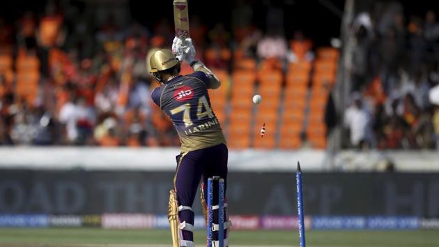 Kolkata Knight Riders’ Sunil Narine is bowled by Sunrisers Hyderabad's Khaleel Ahmed. (AP) Kolkata Knight Riders’ Sunil Narine is bowled by Sunrisers Hyderabad's Khaleel Ahmed. (AP)
