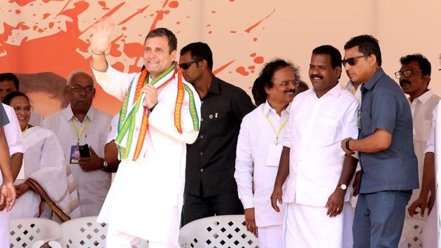 Congress President Rahul Gandhi waves at the audience during an election rally, in Wayanad district of Kerala on April 17, 2019. (Vivek R Nair /HT Photo) Congress President Rahul Gandhi waves at the audience during an election rally, in Wayanad district of Kerala on April 17, 2019. (Vivek R Nair /HT Photo)