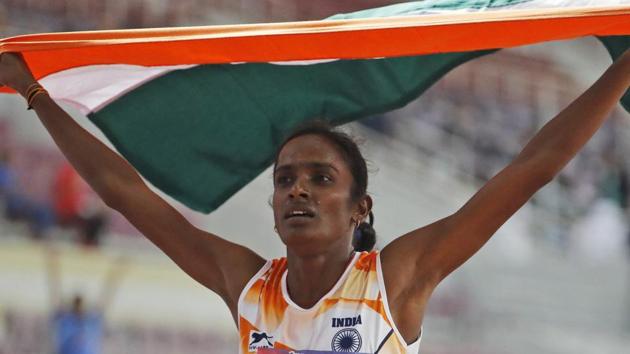 Doha: India's Gomathi Marimuthu celebrates after winning gold in the women's 800-meters final race at the Asian Athletics Championships in Doha.(AP)