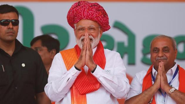 Prime Minister Narendra Modi at an election rally in Gujarat. All 26 seats of the state will vote in a single phase on April 23.(Reuters file photo)