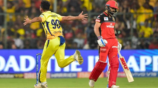 CSK bowler Deepak Chahar celebrate after claiming the wicket of RCB batsman Virat Kohli. (PTI)
