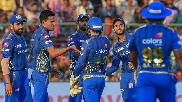 MI players celebrate the dismissal of RR Captain Ajinkya Rahane during Indian Premier League 2019 (IPL T20) cricket match between Rajasthan Royals (RR) and Mumbai Indians (MI) at Sawai Mansingh Stadium, Jaipur, Saturday, April 20, 2019.(PTI) MI players celebrate the dismissal of RR Captain Ajinkya Rahane during Indian Premier League 2019 (IPL T20) cricket match between Rajasthan Royals (RR) and Mumbai Indians (MI) at Sawai Mansingh Stadium, Jaipur, Saturday, April 20, 2019.(PTI)