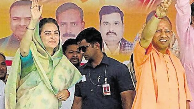 Uttar Pradesh Chief Minister Yogi Adityanath campaigns for BJP parliamentary candidate from Rampur, Jaya Prada, during an election rally ahead of the Lok Sabha elections, in Rampur, Sunday, April 21, 2019.(PTI)