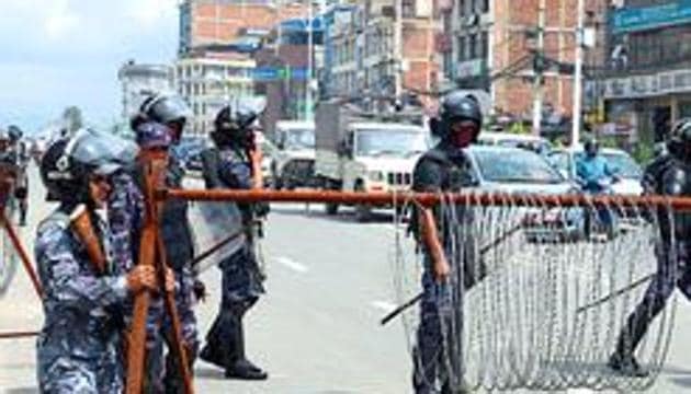 Police personnel block a road in Nepal. (AFP FILE PHOTO) Police personnel block a road in Nepal. (AFP FILE PHOTO)