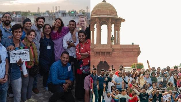 Meghna Gulzar with Deepika Padukone, Vikrant Massey and the entire team of Chhapaak.(Instagram)