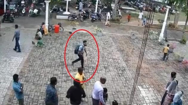 The suspected suicide bomber can be seen walking across the cobblestoned front yard of the St Sebastian church before entering it where he blew himself up killing as many as 50 people inside the church. (ANI/Screengrab) The suspected suicide bomber can be seen walking across the cobblestoned front yard of the St Sebastian church before entering it where he blew himself up killing as many as 50 people inside the church. (ANI/Screengrab)