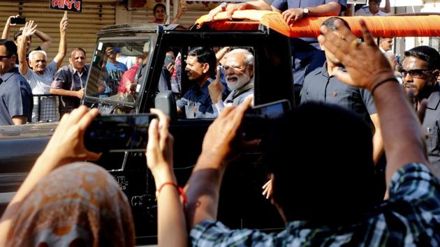 PM Narendra Modi show his inked finger after casting his vote in Ahmedabad, Gujarat. “The weapon of terrorism is IED, the strength of democracy is voter ID. I can say with surety that the voter ID is much more powerful than an IED, so we should understand the strength of our voter IDs,” said PM Narendra Modi after casting his vote in Ahmedabad. (Siddharaj Solanki / HT Photo) PM Narendra Modi show his inked finger after casting his vote in Ahmedabad, Gujarat. “The weapon of terrorism is IED, the strength of democracy is voter ID. I can say with surety that the voter ID is much more powerful than an IED, so we should understand the strength of our voter IDs,” said PM Narendra Modi after casting his vote in Ahmedabad. (Siddharaj Solanki / HT Photo)