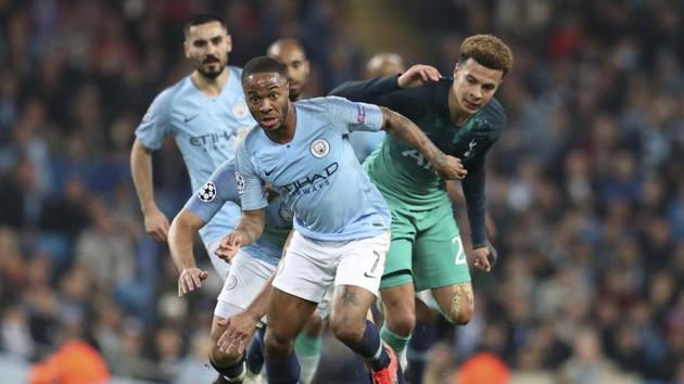 Manchester City midfielder Raheem Sterling, left, controls the ball as Tottenham Hotspur midfielder Dele Alli defends during the Champions League quarterfinal, second leg, soccer match between Manchester City and Tottenham Hotspur at the Etihad Stadium in Manchester, England, Wednesday, April 17, 2019. (AP Photo/Jon Super) (AP) Manchester City midfielder Raheem Sterling, left, controls the ball as Tottenham Hotspur midfielder Dele Alli defends during the Champions League quarterfinal, second leg, soccer match between Manchester City and Tottenham Hotspur at the Etihad Stadium in Manchester, England, Wednesday, April 17, 2019. (AP Photo/Jon Super) (AP)