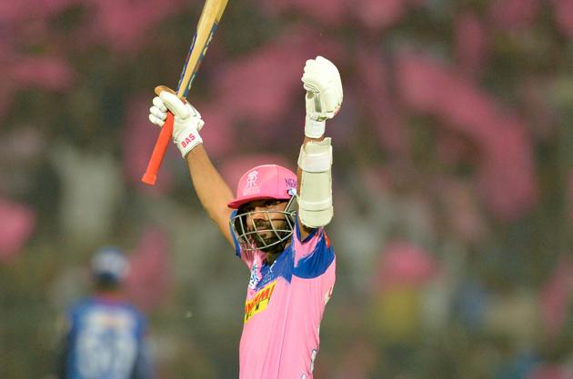 Rajasthan Royals cricketer Ajinkya Rahane raises his bat after he completes his century (100 runs)during the 2019 Indian Premier League (IPL) Twenty20 cricket match between Delhi Capitals and Rajasthan Royals at the Sawai Mansingh Stadium in Jaipur. (AFP) Rajasthan Royals cricketer Ajinkya Rahane raises his bat after he completes his century (100 runs)during the 2019 Indian Premier League (IPL) Twenty20 cricket match between Delhi Capitals and Rajasthan Royals at the Sawai Mansingh Stadium in Jaipur. (AFP)