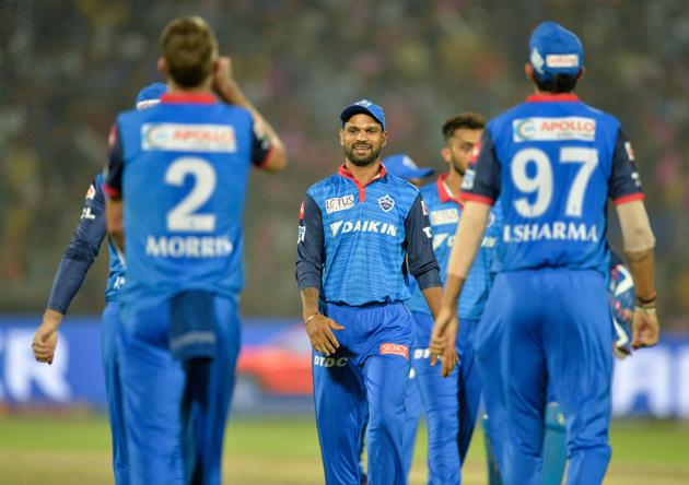 Delhi Capitals fielder Shikhar Dhawan (C) celebrates with his teammates the dismmissal of Rajasthan Royals cricketer Steve Smith during the 2019 Indian Premier League (IPL) Twenty20 cricket match between Delhi Capitals and Rajasthan Royals at the Sawai Mansingh Stadium in Jaipur. (AFP) Delhi Capitals fielder Shikhar Dhawan (C) celebrates with his teammates the dismmissal of Rajasthan Royals cricketer Steve Smith during the 2019 Indian Premier League (IPL) Twenty20 cricket match between Delhi Capitals and Rajasthan Royals at the Sawai Mansingh Stadium in Jaipur. (AFP)