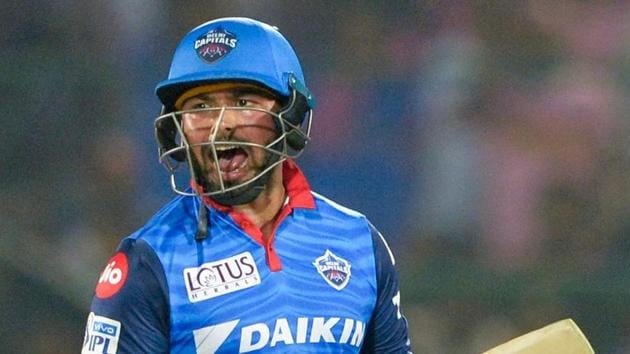 Delhi Capitals cricketer Rishabh Pant celebrates after hitting the winning runs.(AFP)