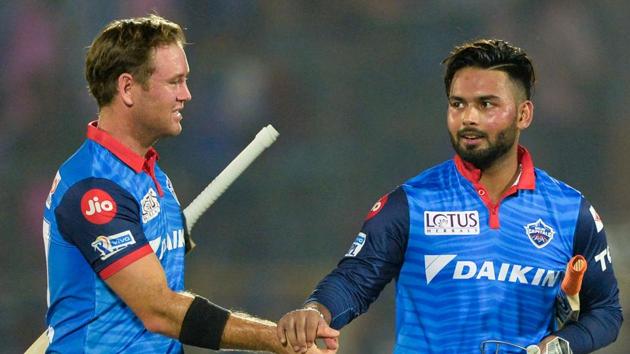 Delhi Capitals cricketer Rishabh Pant (R) shakes hand with Colin Ingram. (AFP)